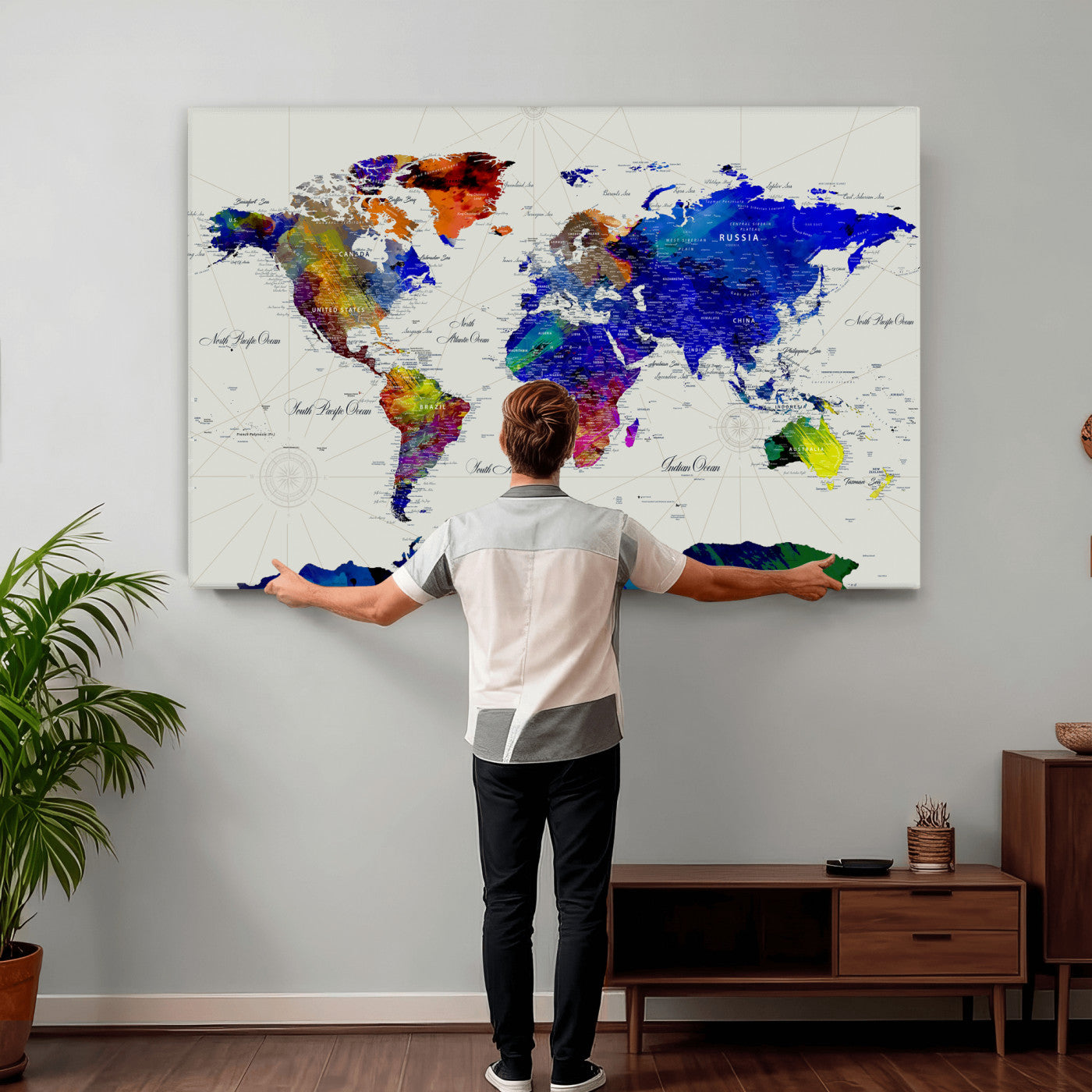 49670038-MGV-CV-36X24 - World Map Wall Art Canvas Print, Modern Decorative Framed Map Artwork Prints for Living Room, Office Decor