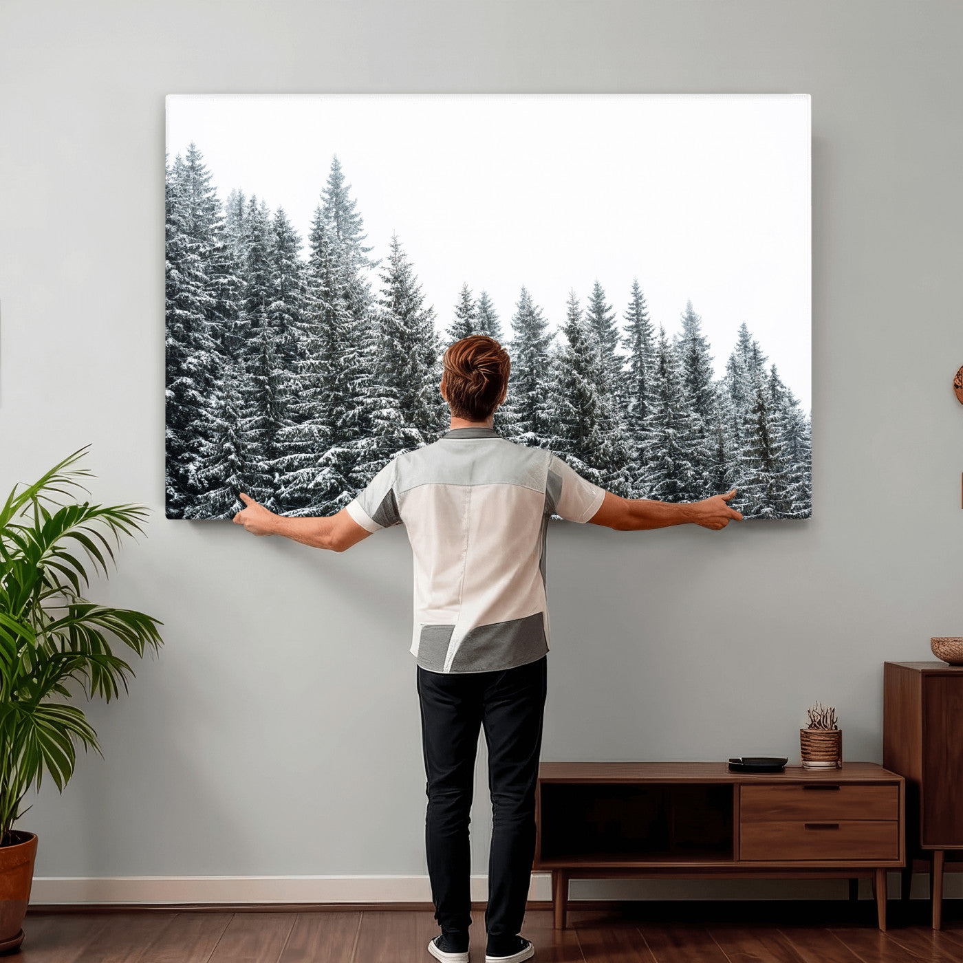 69566941-MGV-CV-36X24 - Misty Mountain Forest Canvas Print, Foggy Pine Trees Nature Wall Art, Framed Canvas Ready to Hang