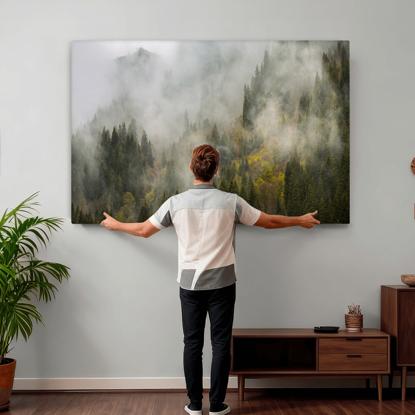 31152954-MGV-CV-36X24 - Misty Mountain Forest Canvas Print, Foggy Pine Trees Nature Wall Art, Framed Canvas Ready to Hang