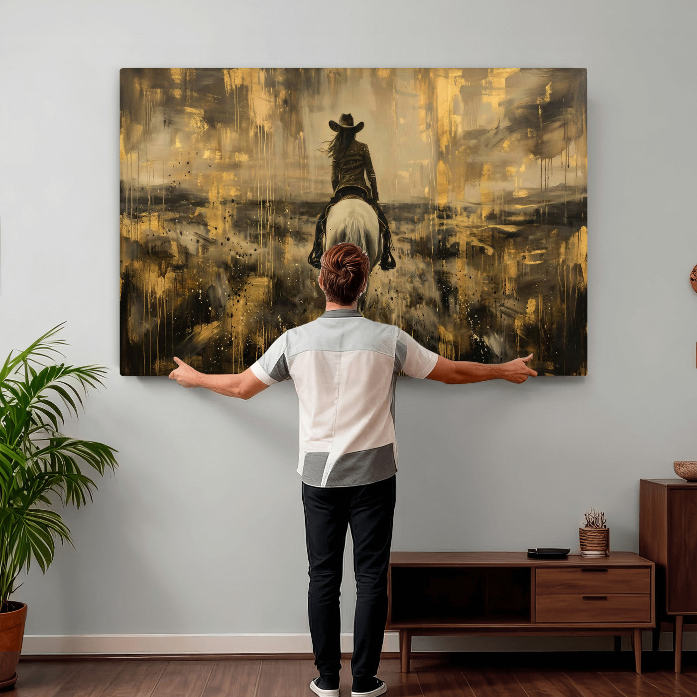 20465530-MGV-CV-36X24 - Cowgirl Wall Art Canvas Print, Western Horse Rider Wall Art, Framed Wall Art Ready to Hang