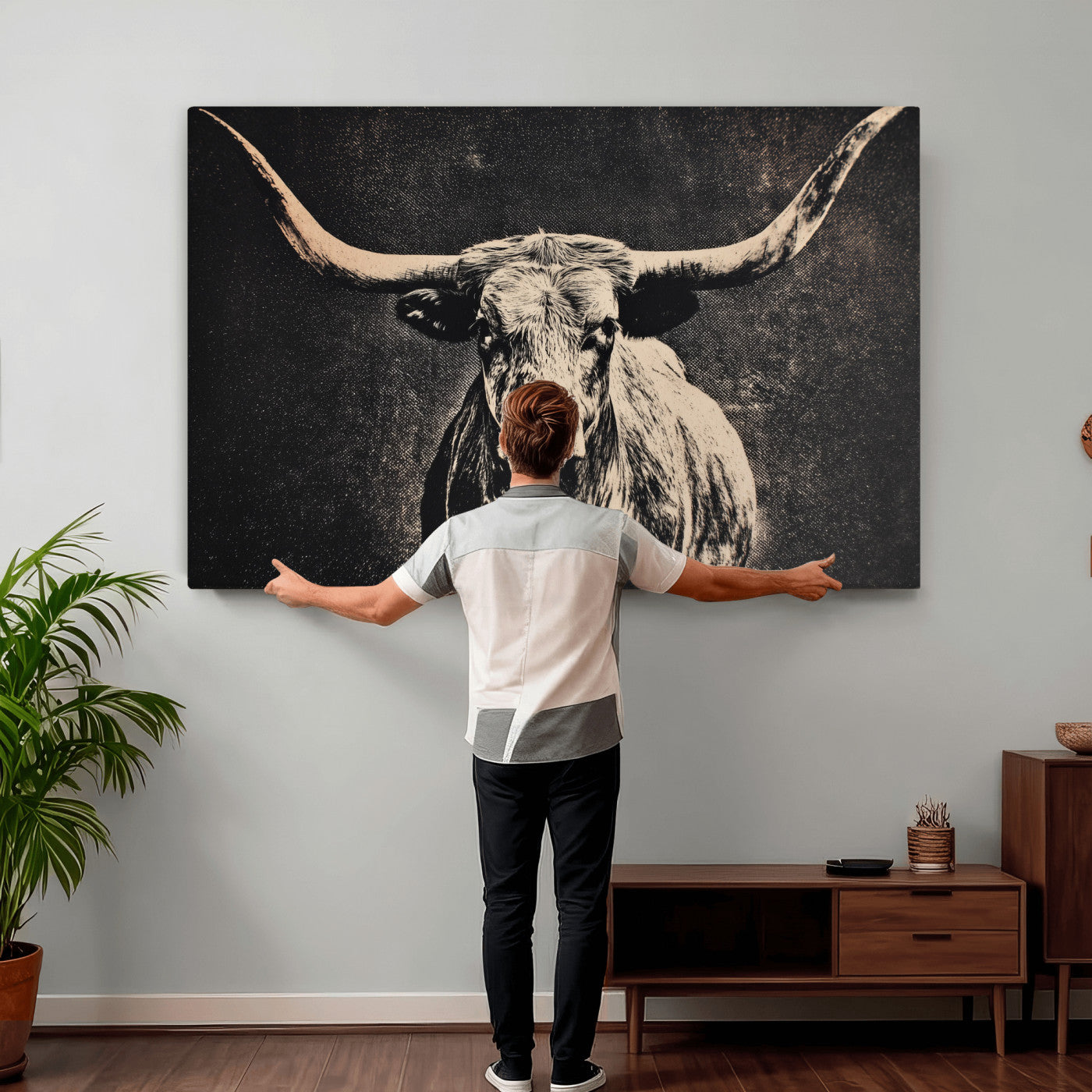 27394218-MGV-CV-36X24 - Vintage Texas Longhorn Bull Wall Art Canvas Print, Cow Portrait Photography Print, Framed Wall Art Ready to Hang