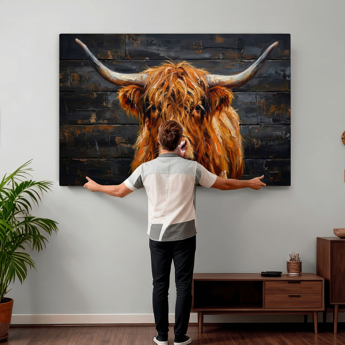 32536611-MGV-CV-36X24 - Highland Cow Wall Art Canvas Print, Rustic Farm Animal Painting, Framed Wall Art Ready to Hang
