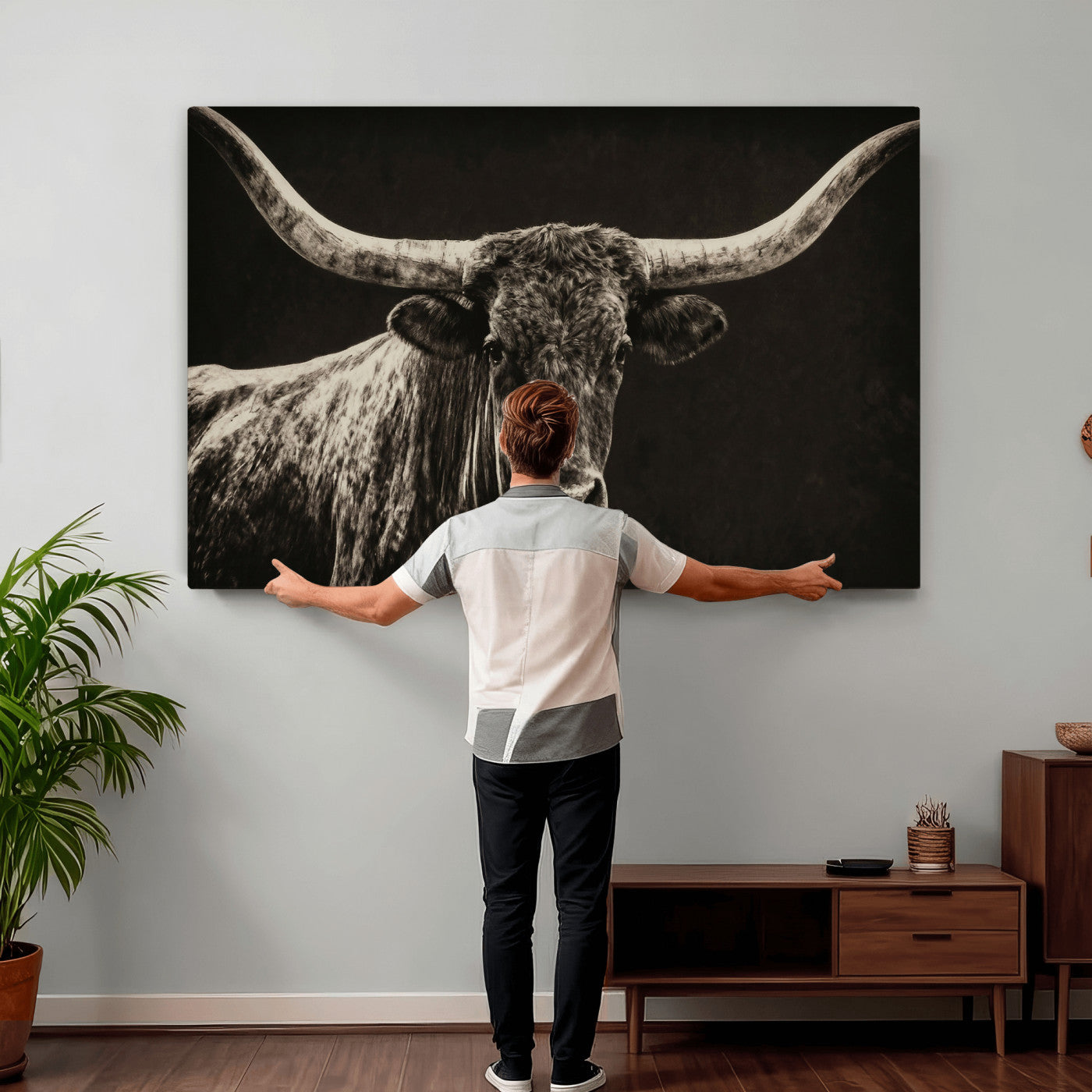 74513721-MGV-CV-36X24 - Vintage Texas Longhorn Bull Wall Art Canvas Print, Cow Portrait Photography Print, Framed Wall Art Ready to Hang