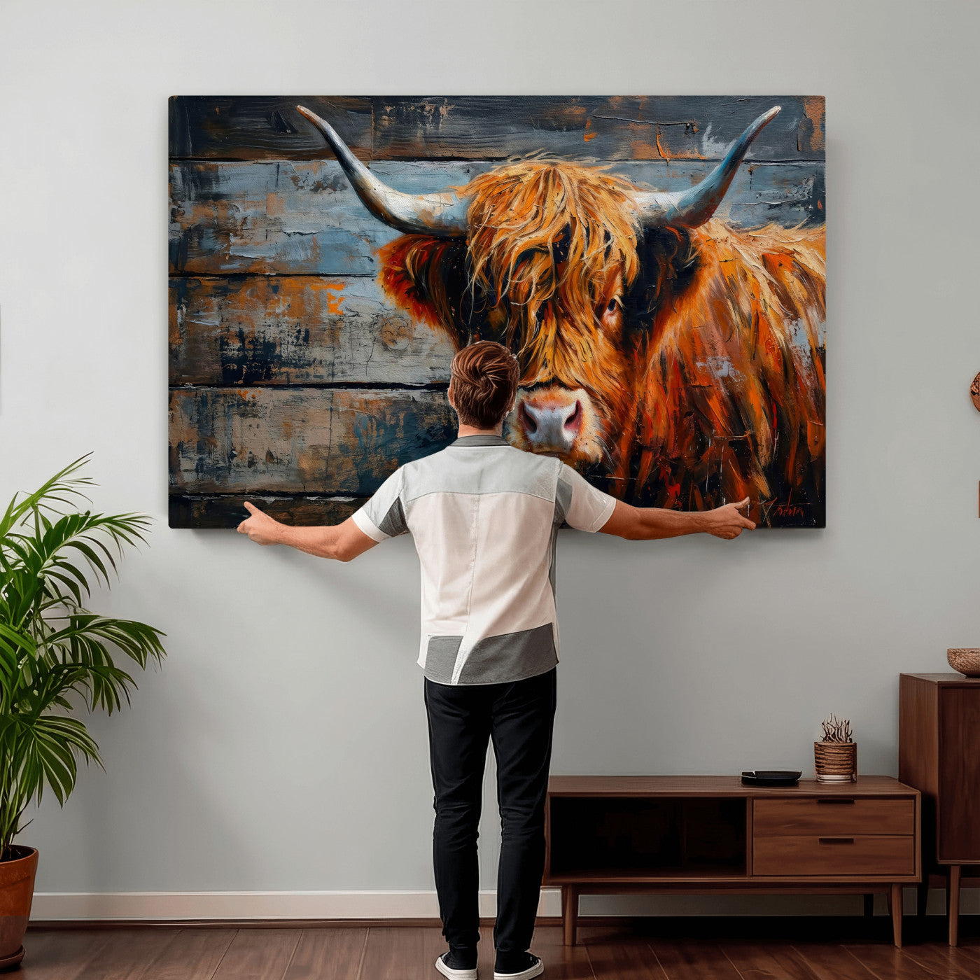 90271423-MGV-CV-36X24 - Highland Cow Wall Art Canvas Print, Abstract Rustic Farm Animal Wall Art Print, Framed Wall Art Ready to Hang