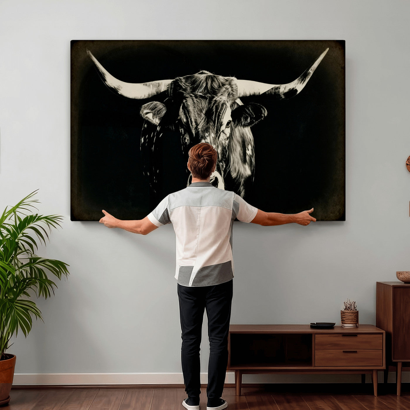 91364114-MGV-CV-36X24 - Black Bull Wall Art Canvas Print, Texas Longhorn Portrait Print, Framed Wall Art Ready to Hang