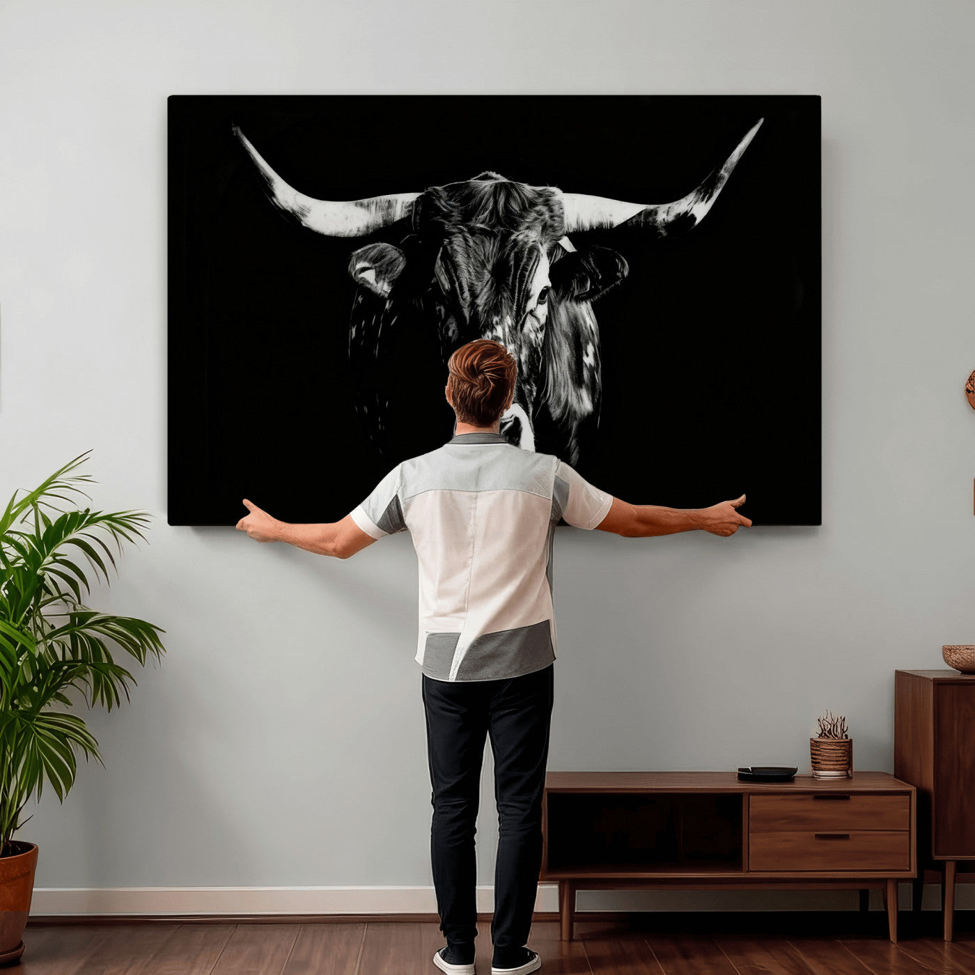 21436434-MGV-CV-36X24 - Black Bull Wall Art Canvas Print, Dark Longhorn Portrait Photography, Framed Wall Art Ready to Hang