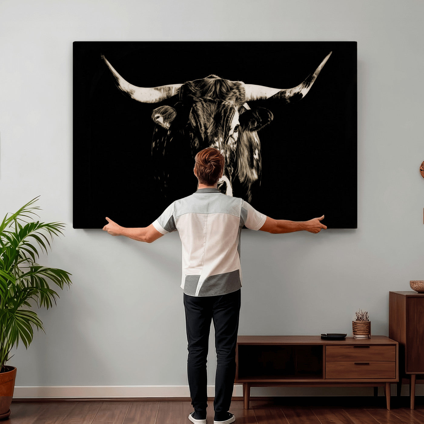 75774468-MGV-CV-36X24 - Black Bull Wall Art Canvas Print, Dark Longhorn Portrait Photography, Framed Wall Art Ready to Hang