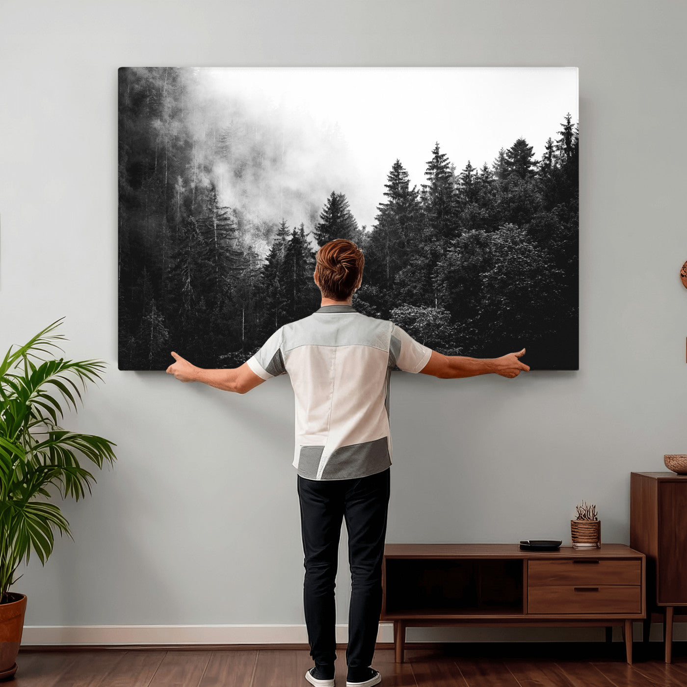 98764151-MGV-CV-36X24 - Black and White Forest Wall Art Canvas Print, Misty Pine Tree Landscape Photography, Framed Wall Art Ready to Hang