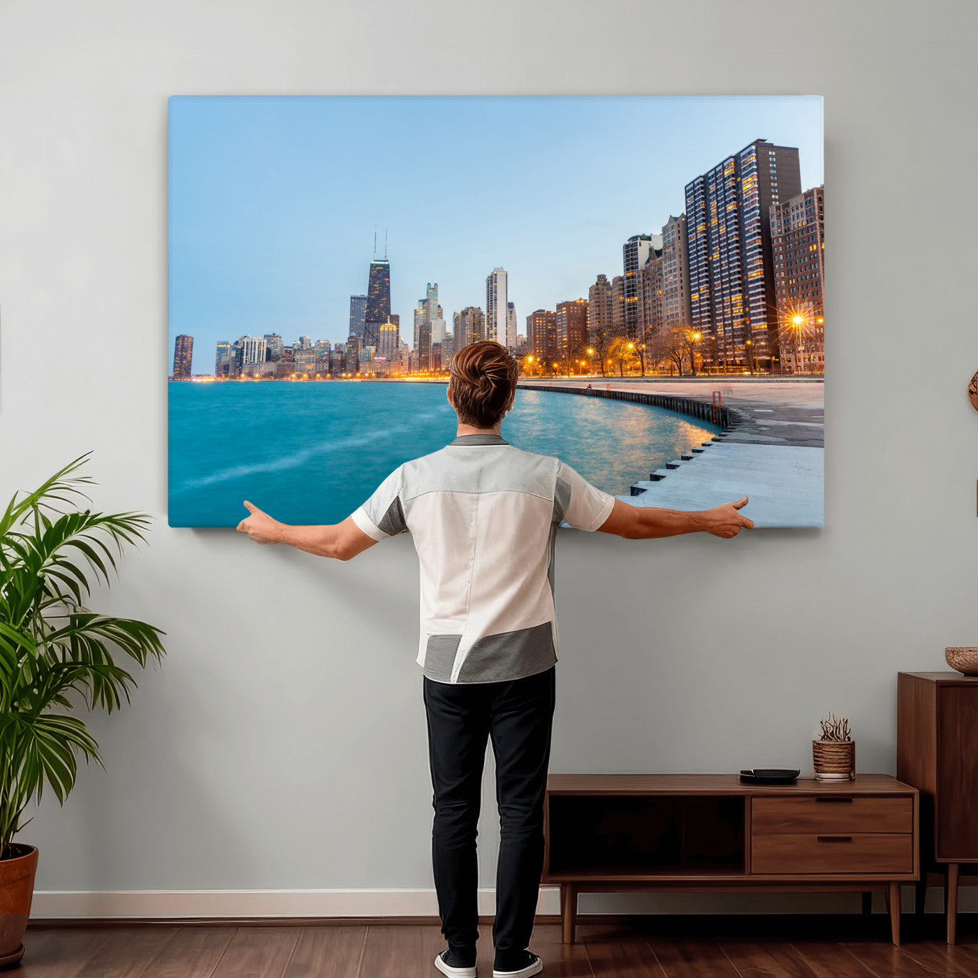 66780141-MGV-CV-36X24 - Chicago Wall Art Canvas Print, Chicago City Downtown Night Cityscape Print for Modern Urban Wall Decor