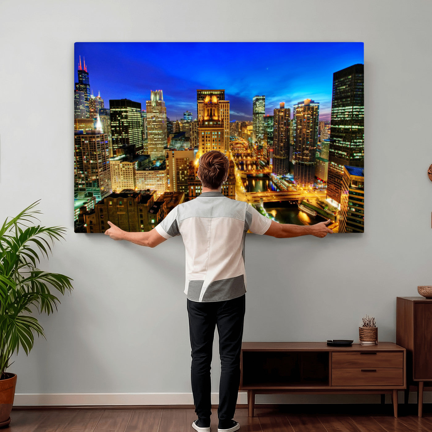 46298885-MGV-CV-36X24 - Chicago Wall Art Canvas Print, Chicago City Downtown Night Cityscape Print for Modern Urban Wall Decor