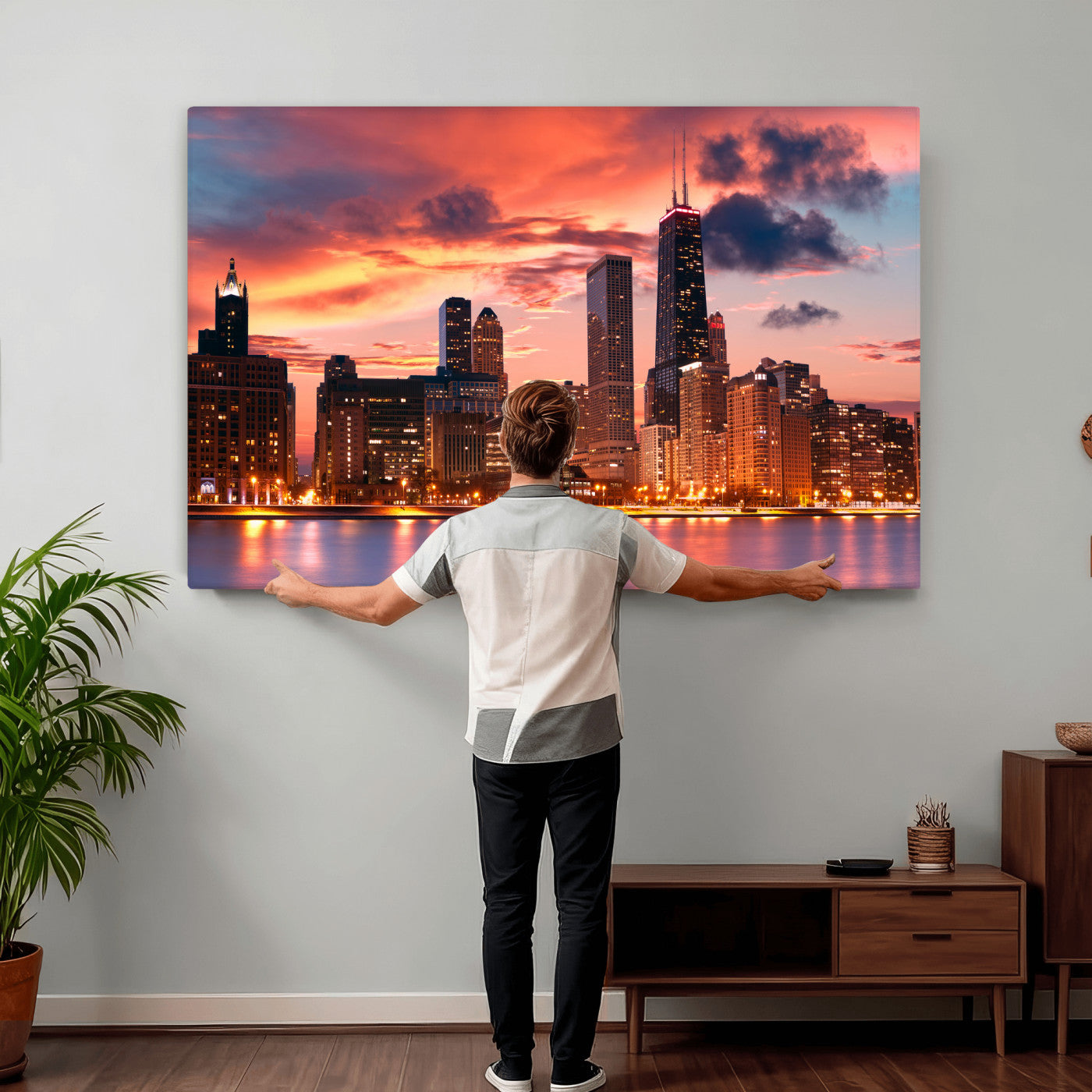 80390109-MGV-CV-36X24 - Chicago Wall Art Canvas Print, Chicago City Downtown Night Cityscape Print for Modern Urban Wall Decor
