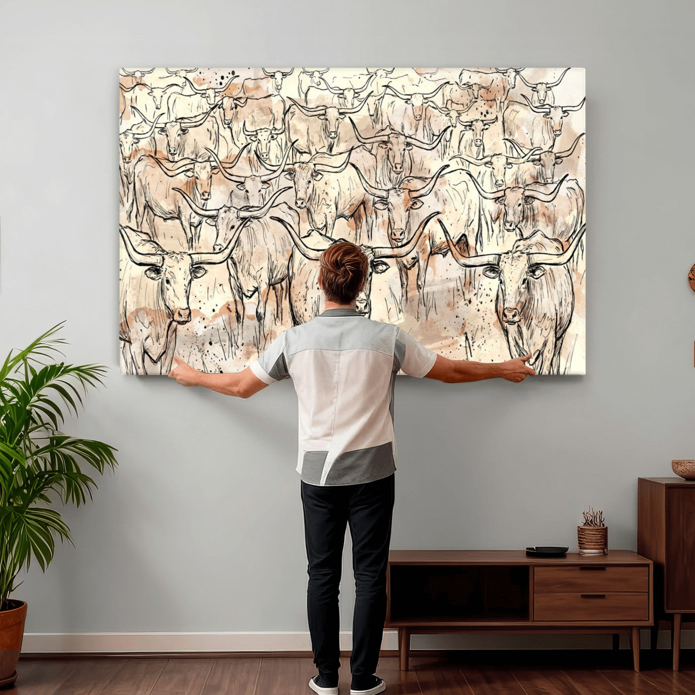 94055403-MGV-CV-36X24 - Farmhouse Animals Wall Art Canvas Print - Abstract Farm Animal Drawing Mid-Century Wall Art for Cabin Decor