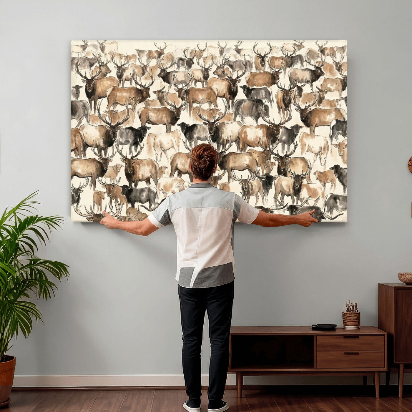 24374881-MGV-CV-36X24 - Farmhouse Animals Wall Art Canvas Print - Abstract Farm Animal Drawing Mid-Century Wall Art for Cabin Decor