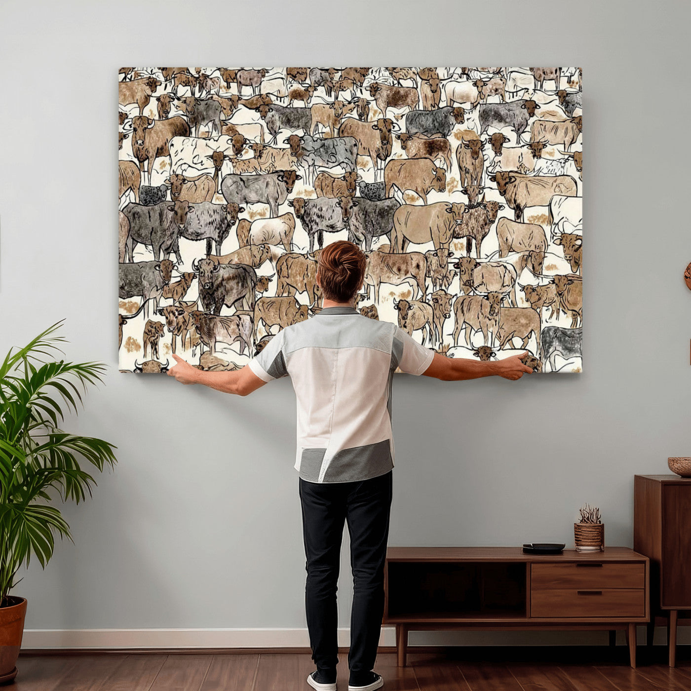 76902119-MGV-CV-36X24 - Farmhouse Animals Wall Art Canvas Print - Abstract Farm Animal Drawing Mid-Century Wall Art for Cabin Decor