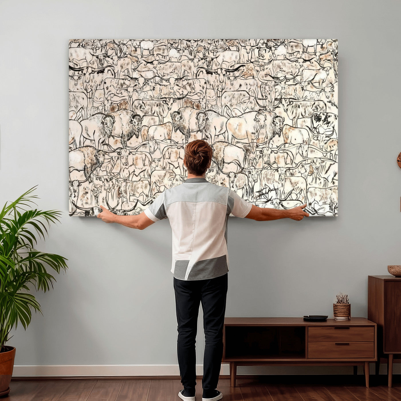 36925875-MGV-CV-36X24 - Farmhouse Animals Wall Art Canvas Print - Abstract Farm Animal Drawing Mid-Century Wall Art for Cabin Decor