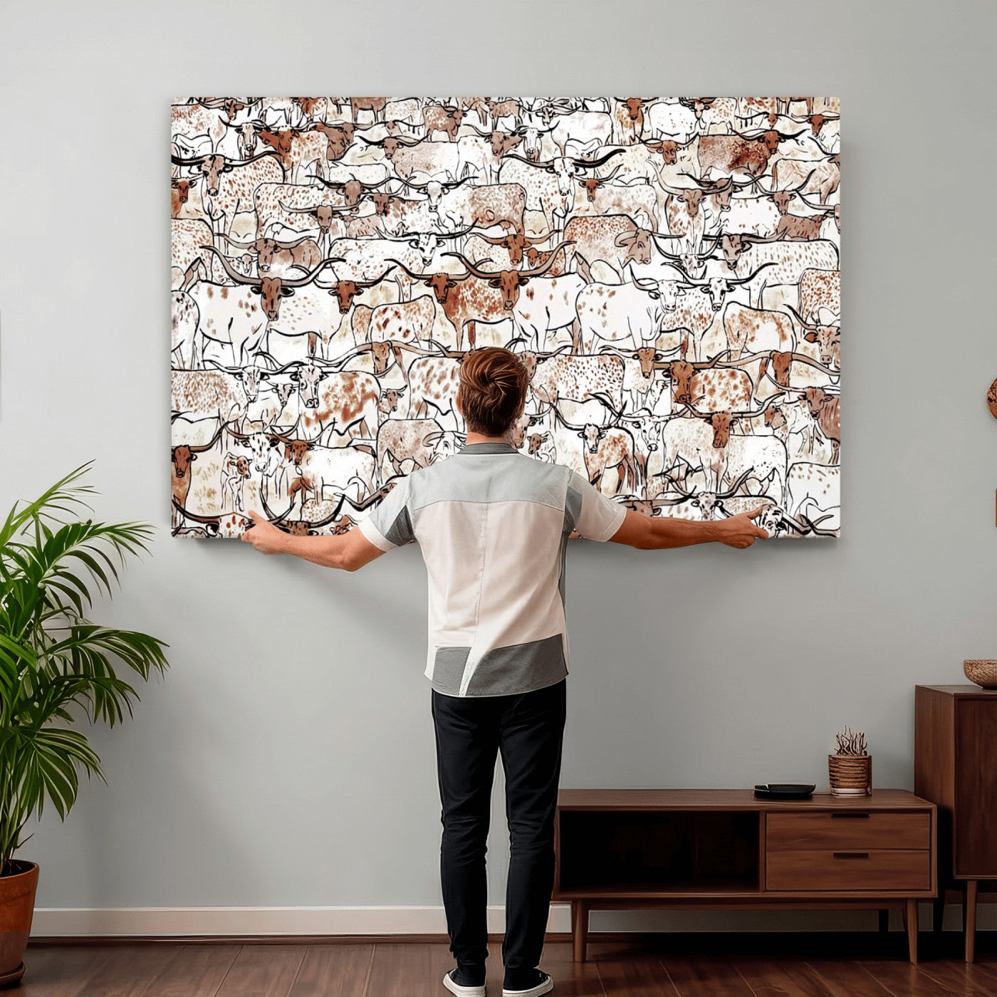 71869761-MGV-CV-36X24 - Farmhouse Animals Wall Art Canvas Print - Abstract Farm Animal Drawing Mid-Century Wall Art for Cabin Decor