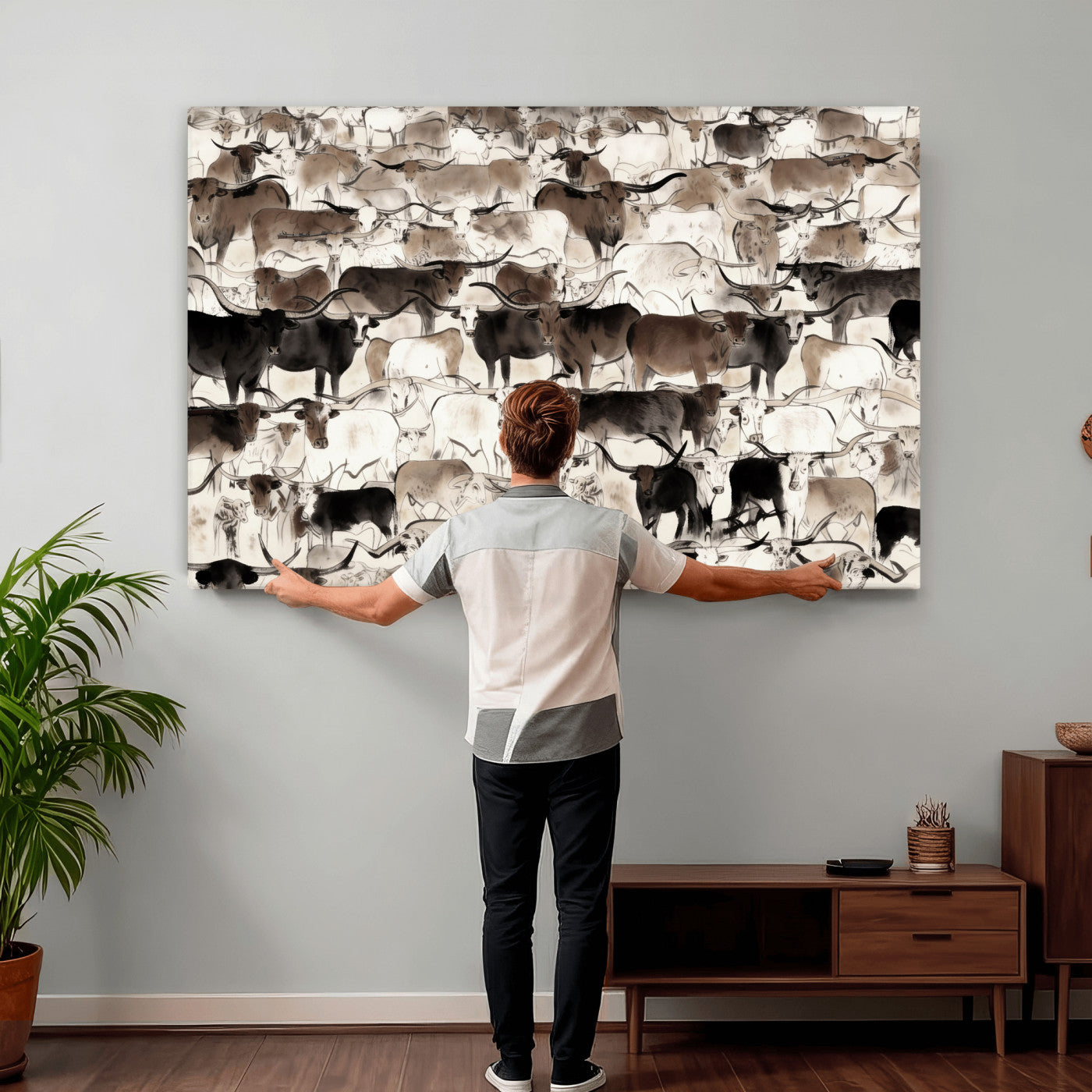 46084312-MGV-CV-36X24 - Farmhouse Animals Wall Art Canvas Print - Abstract Farm Animal Drawing Mid-Century Wall Art for Cabin Decor