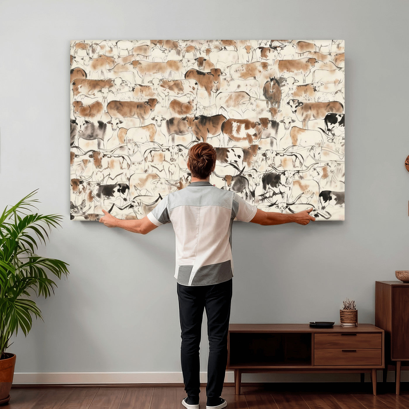 69961368-MGV-CV-36X24 - Farmhouse Animals Wall Art Canvas Print - Abstract Farm Animal Drawing Mid-Century Wall Art for Cabin Decor