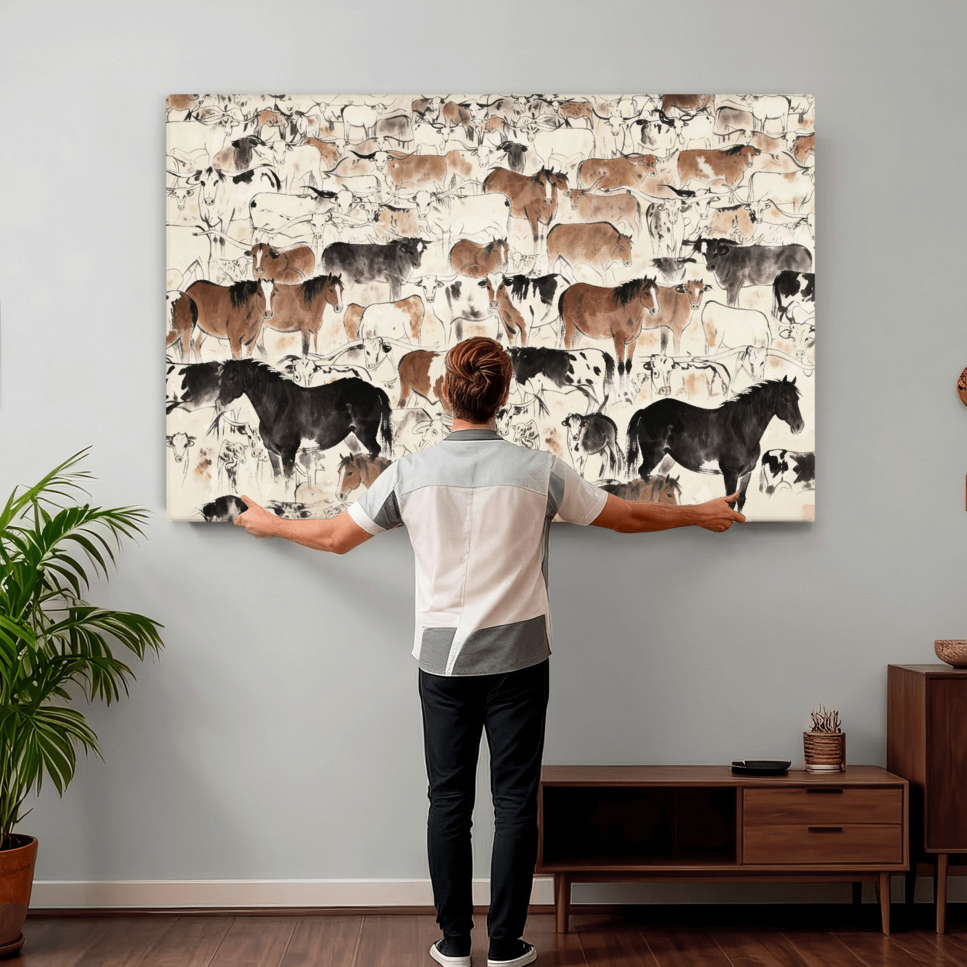 74171578-MGV-CV-36X24 - Farmhouse Animals Wall Art Canvas Print - Abstract Farm Animal Drawing Mid-Century Wall Art for Cabin Decor