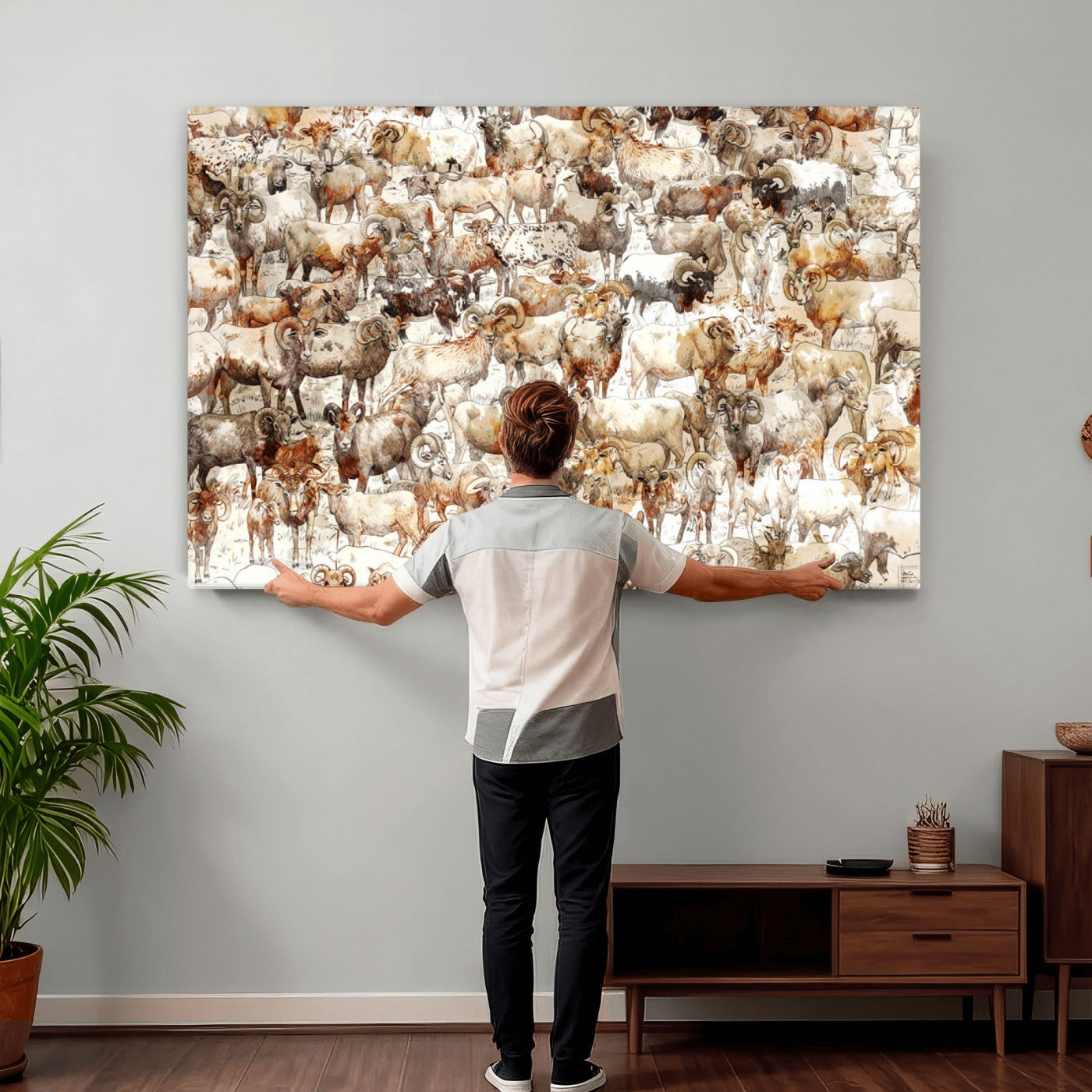 95103864-MGV-CV-36X24 - Farmhouse Animals Wall Art Canvas Print - Abstract Farm Animal Drawing Mid-Century Wall Art for Cabin Decor