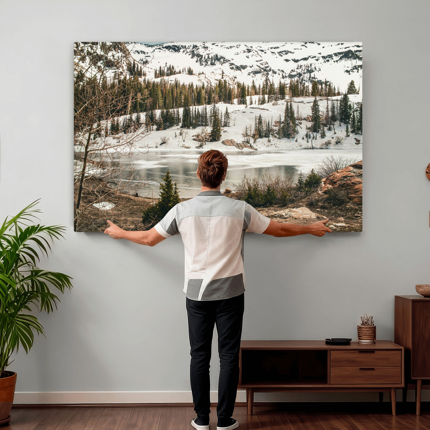 10336249-MGV-CV-36X24 - Snowy Mountain Landscape Wall Art Canvas Print, Alpine Pine Forest Winter Nature Wall Decor for Living Room and Office