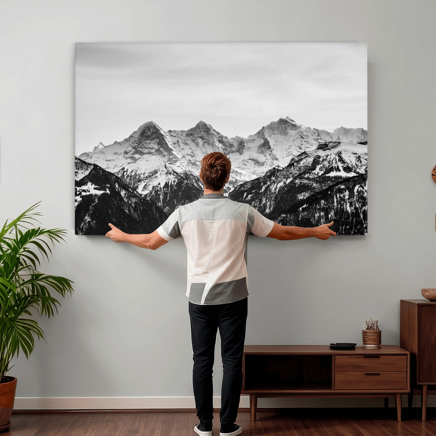 85684934-MGV-CV-36X24 - Black and White Mountain Wall Art Canvas Print, Snowy Alpine Peaks Landscape Photography, Minimal Monochrome Mountain Art, Scenic Nature Wall Decor