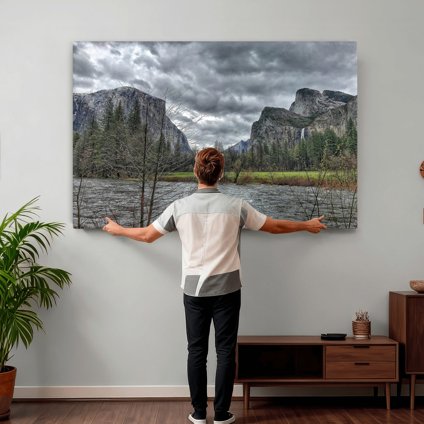 75582552-MGV-CV-36X24 - Yosemite Valley River Landscape Wall Art Canvas Print, Granite Cliffs Forest River Canvas Print, California National Park Moody Scenic Art Printi