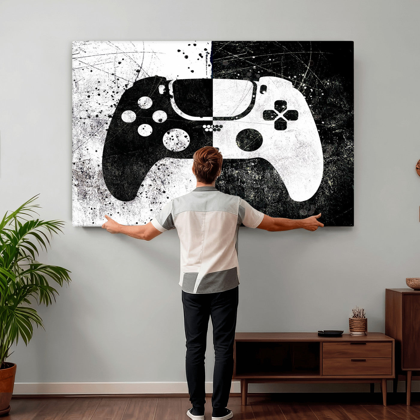 17525128-MGV-CV-36X24 - Abstract Gaming Controller Wall Art Canvas Print, Black White Video Game Controller Modern Canvas Print, Minimal Gamer Graphic Art Printing