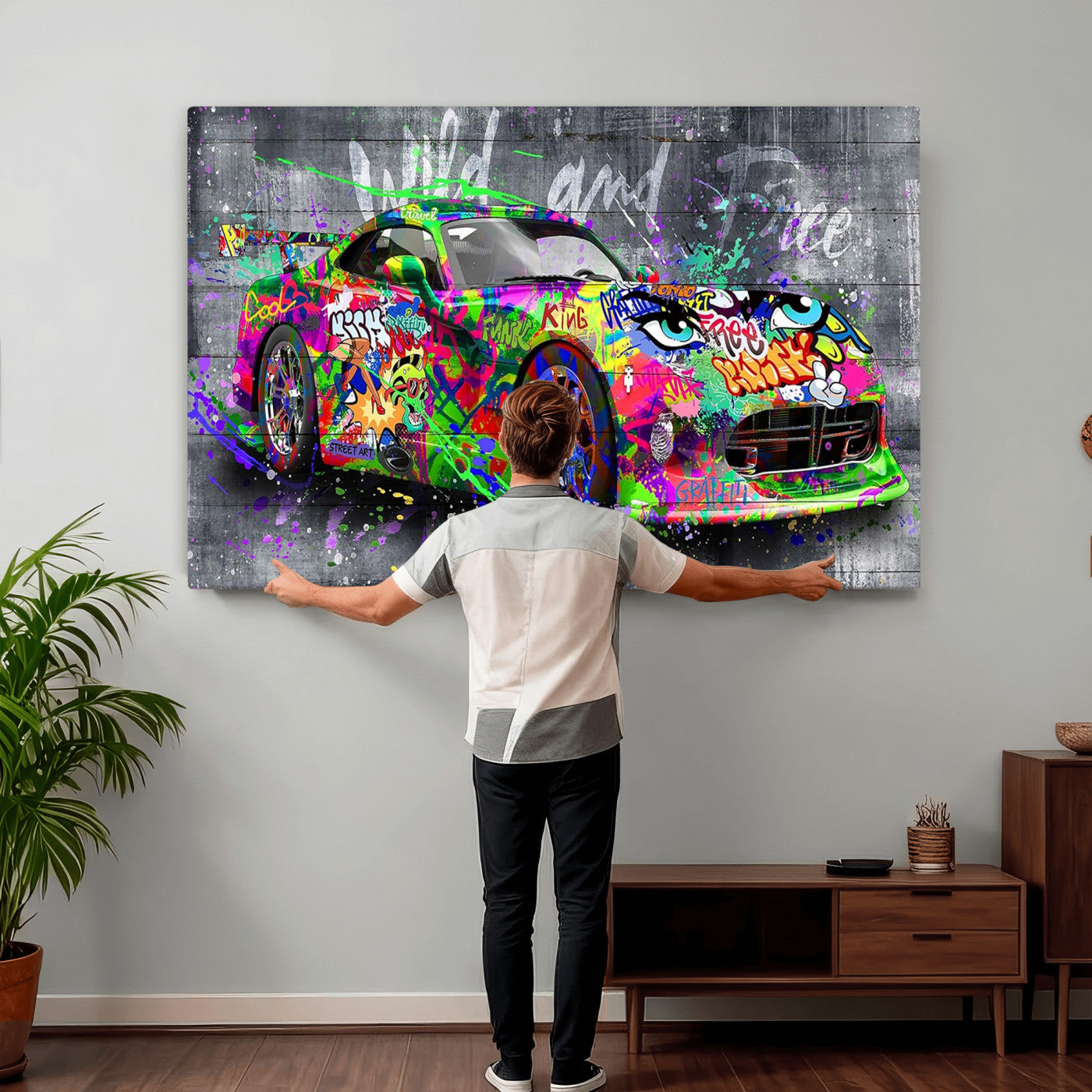 95314968-MGV-CV-36X24 - Graffiti Sports Car Street Art Wall Art Canvas Print, Colorful Urban Supercar Pop Art Canvas Print, Modern Graffiti Car Contemporary Art Printing