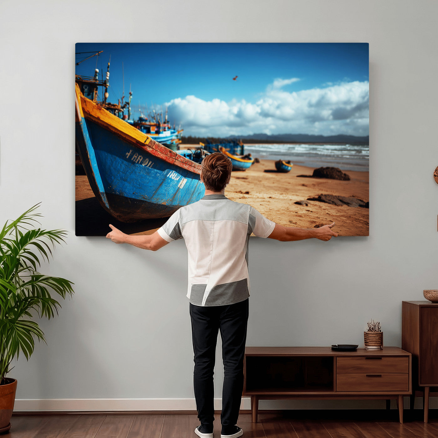 70925201-MGV-CV-36X24 - Fishing Boats Wall Art Canvas Print, Coastal Boat Beach Scene, Nautical Seaside Artwork, Ocean Shore Decor, Coastal Home Wall Art