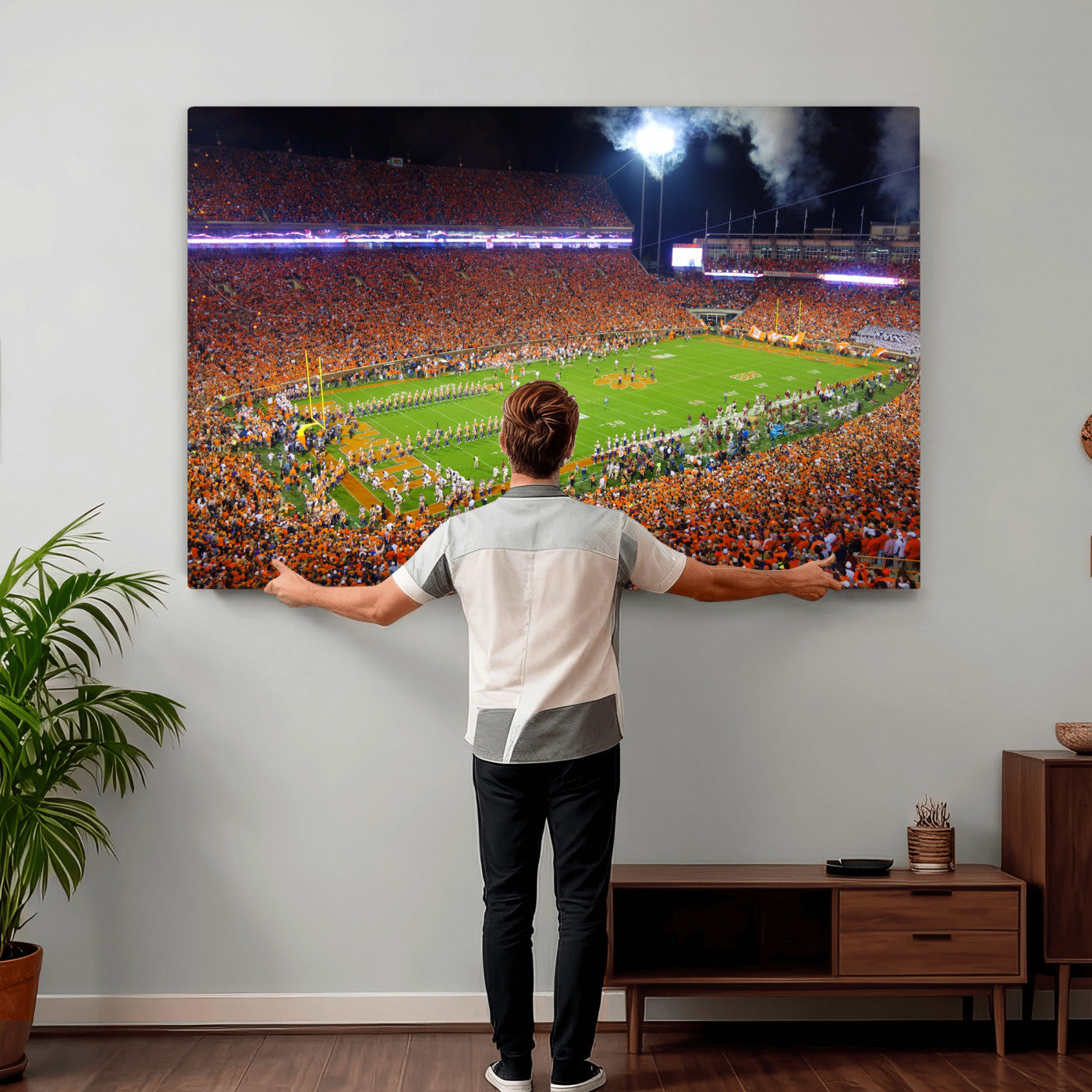 43662631-MGV-CV-36X24 - Clemson Football Stadium Wall Art Canvas Print, College Football Crowd Night Game Scene, Orange Stadium Panorama Wall Decor
