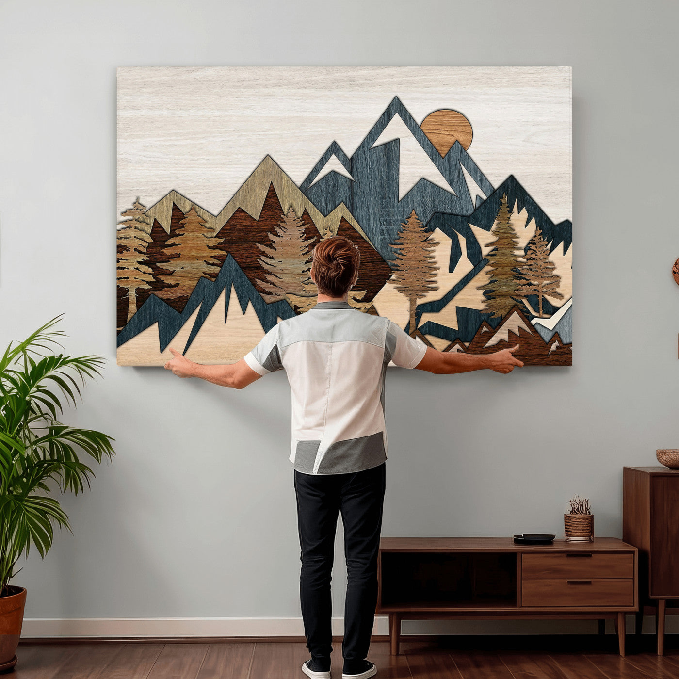 61833055-MGV-CV-36X24 - Mountain Forest Wall Art Canvas Print, Layered Wood Landscape Artwork, Rustic Nature Wall Decor for Living Room