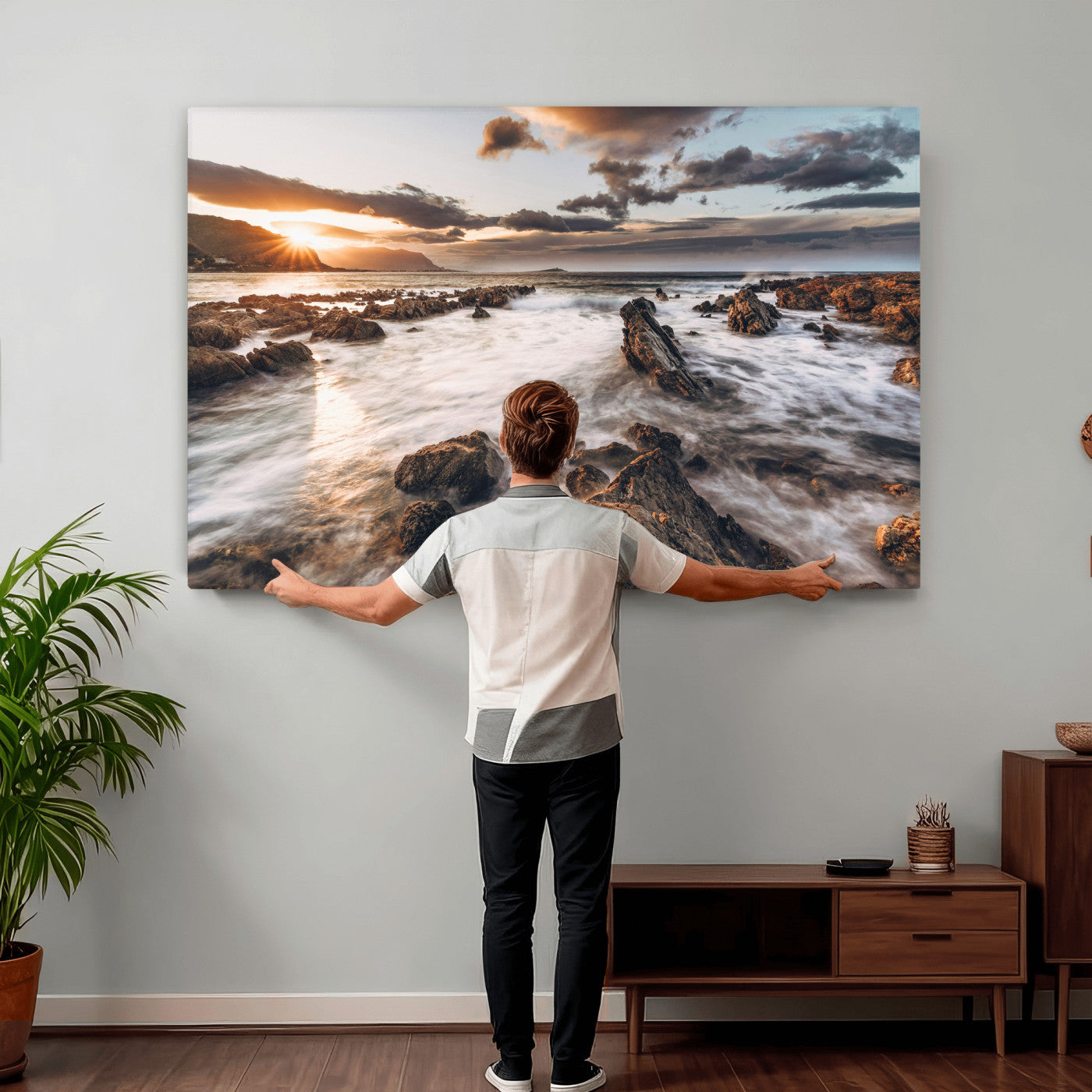 66746024-MGV-CV-36X24 - Rocky Coast Ocean Sunset Wall Art Canvas Print, Dramatic Seascape Nature Wall Decor for Living Room and Office