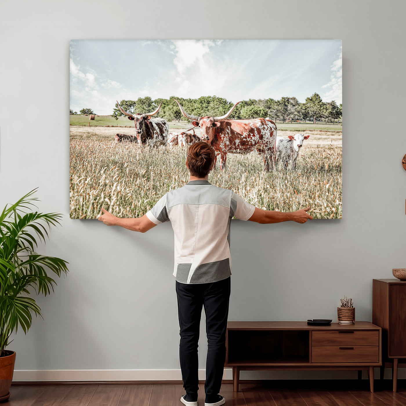 33963645-MGV-CV-36X24 - Texas Longhorn Cattle Wall Art Canvas Print, Western Ranch Landscape Nature Wall Decor for Living Room and Office