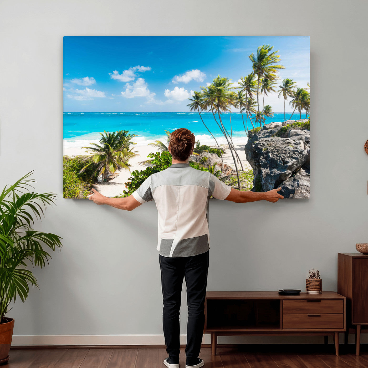 98605610-MGV-CV-36X24 - Tropical Beach Wall Art Canvas Print, Palm Tree Ocean Landscape Photography, Caribbean Coastal Artwork