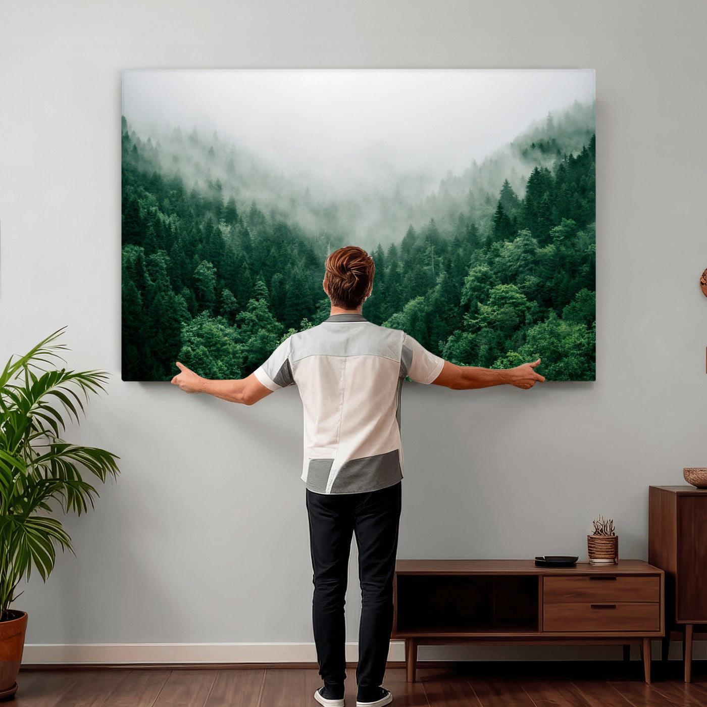 61640815-MGV-CV-36X24 - Misty Pine Forest Wall Art Canvas Print, Foggy Evergreen Landscape Wall Decor, Moody Green Nature Artwork, Minimal Forest Canvas Wall Art, Framed Canvas Wall Art Ready to Hang