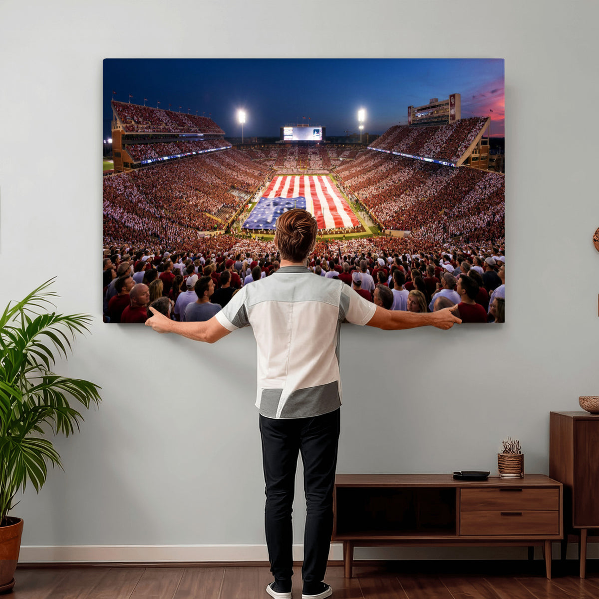 59917418-MGV-CV-36X24 - Oklahoma Memorial Stadium Wall Art Canvas Print – Oklahoma Sooners Football Artwork for Home, Office, and Sports Room Decor