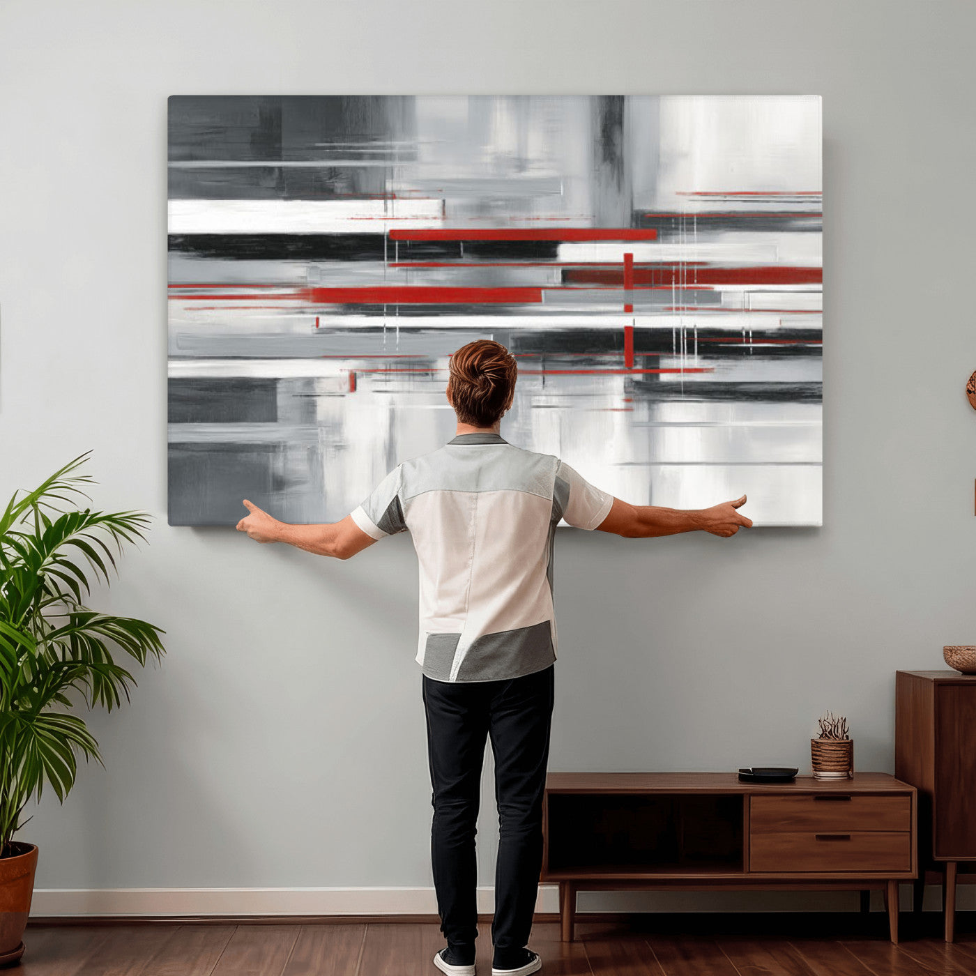62640681-MGV-CV-36X24 - Gray Red Abstract Wall Art Canvas Print, Modern Abstract Canvas Wall Decor for Contemporary Living Room and Office