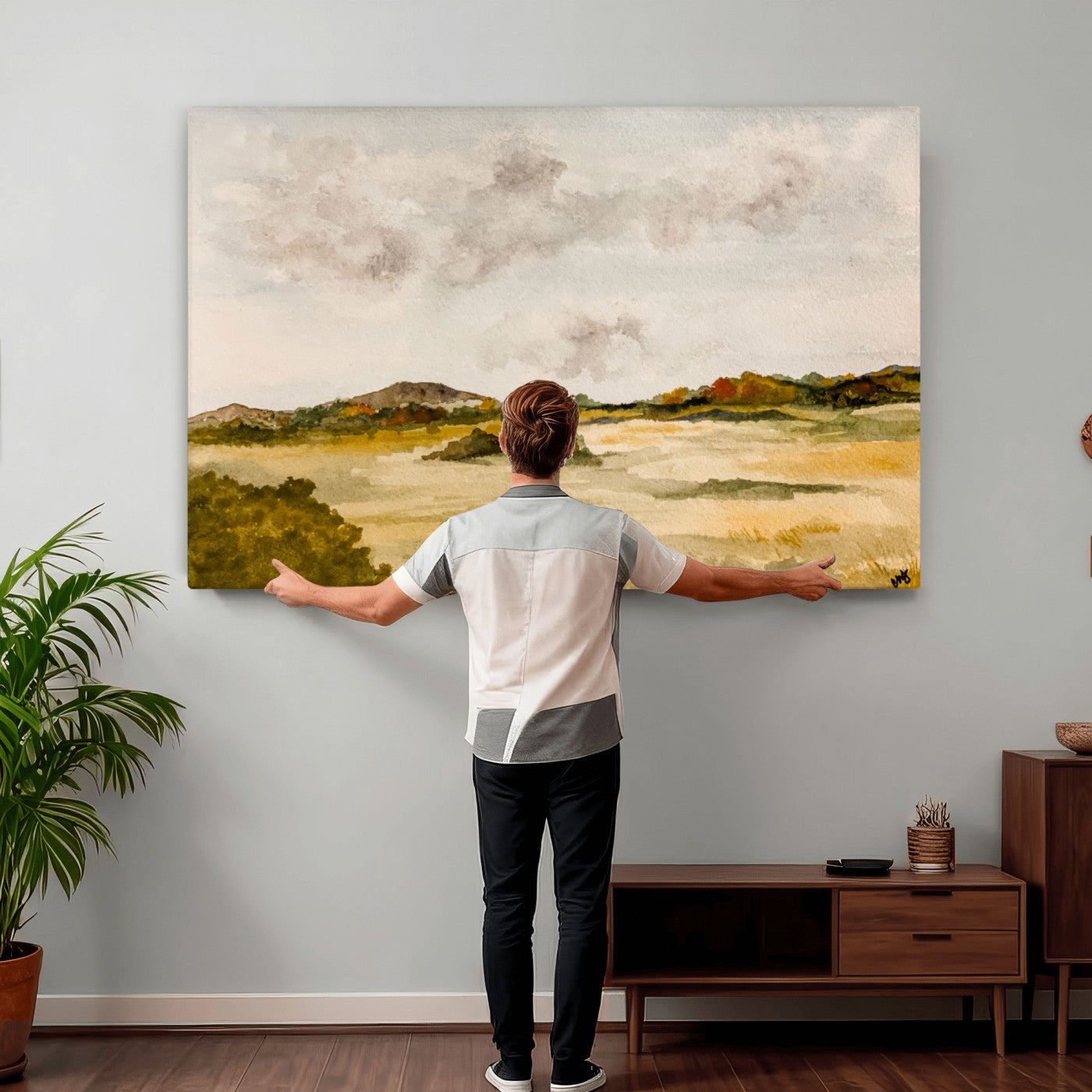 94151004-MGV-CV-36X24 - Watercolor Abstract Countryside Wall Art Canvas Print, Neutral Pastoral Landscape Painting Wall Decor for Modern Farmhouse Interiors