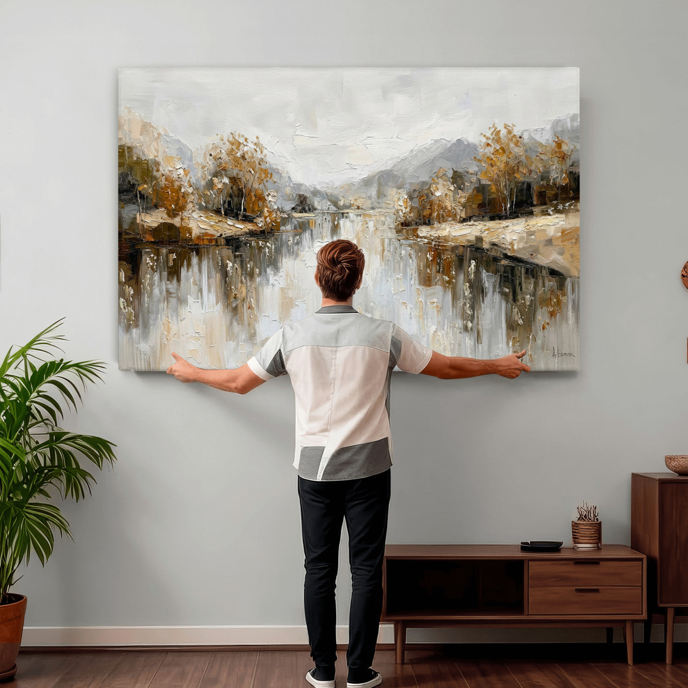 78227690-MGV-CV-36X24 - Neutral Abstract Lake Landscape Wall Art Canvas Print, Modern Minimal River Reflection Canvas Print, Beige Gray Contemporary Nature Art Printing