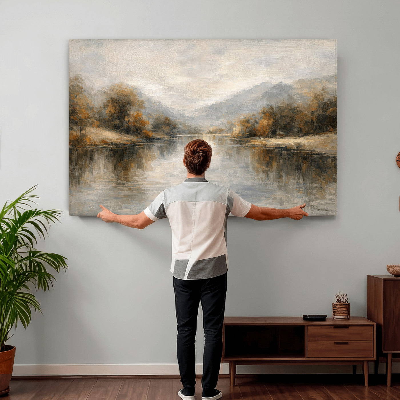 29251761-MGV-CV-36X24 - Neutral Abstract River Landscape Wall Art Canvas Print, Modern Minimal Nature Reflection Canvas Print, Beige Gray Contemporary Mountain Art Printing