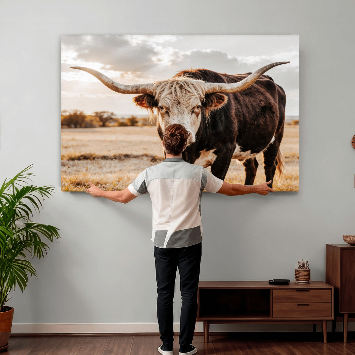 88230279-MGV-CV-36X24 - Texas Longhorn Bull Rustic Wall Art Canvas Print, Western Cattle Photography Canvas Print, Ranch Farm Animal Western Art Printing