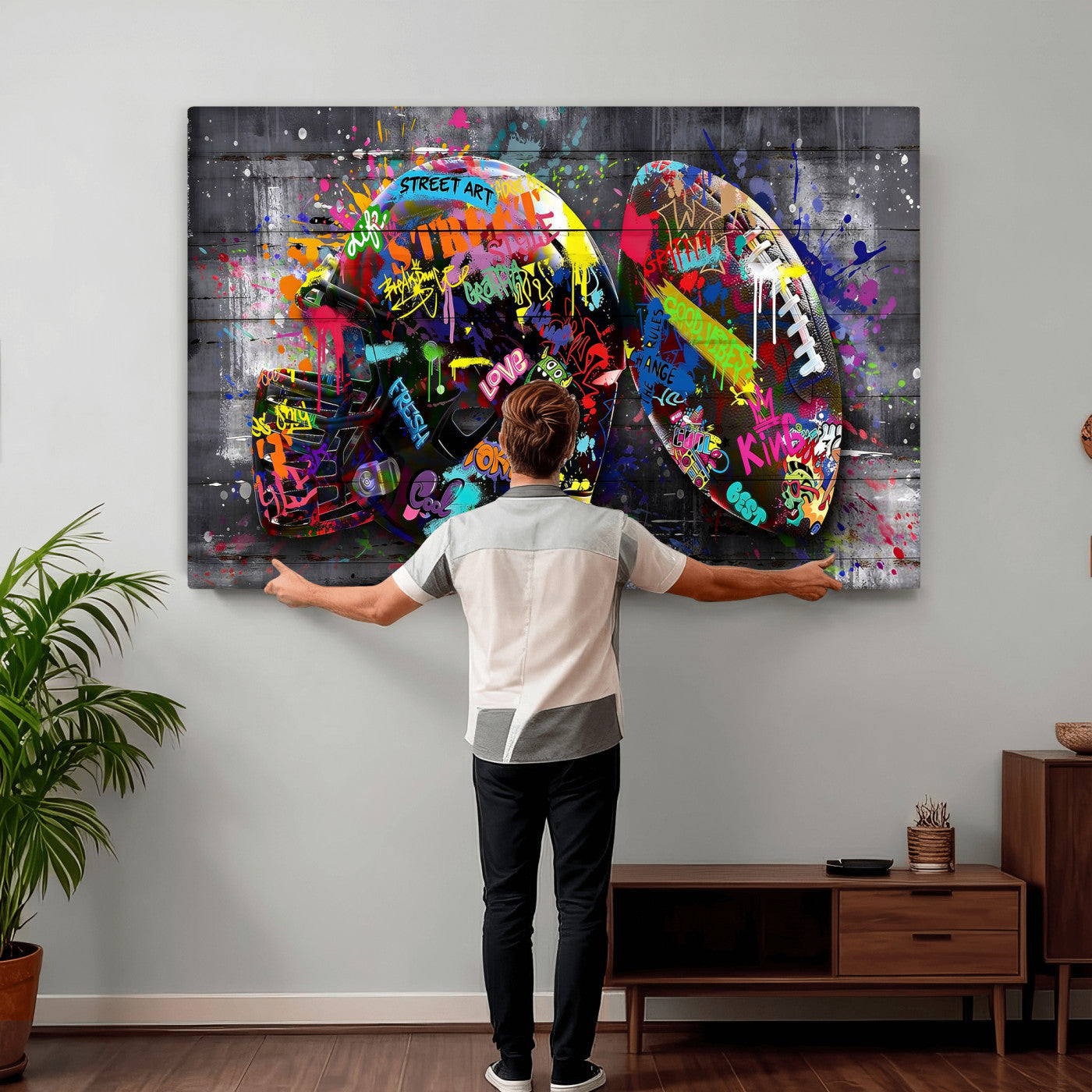 80540773-MGV-CV-36X24 - Graffiti American Football Helmet Street Art Wall Art Canvas Print, Urban Sports Pop Art Football Canvas Print, Colorful Graffiti Sports Contemporary Art Printing