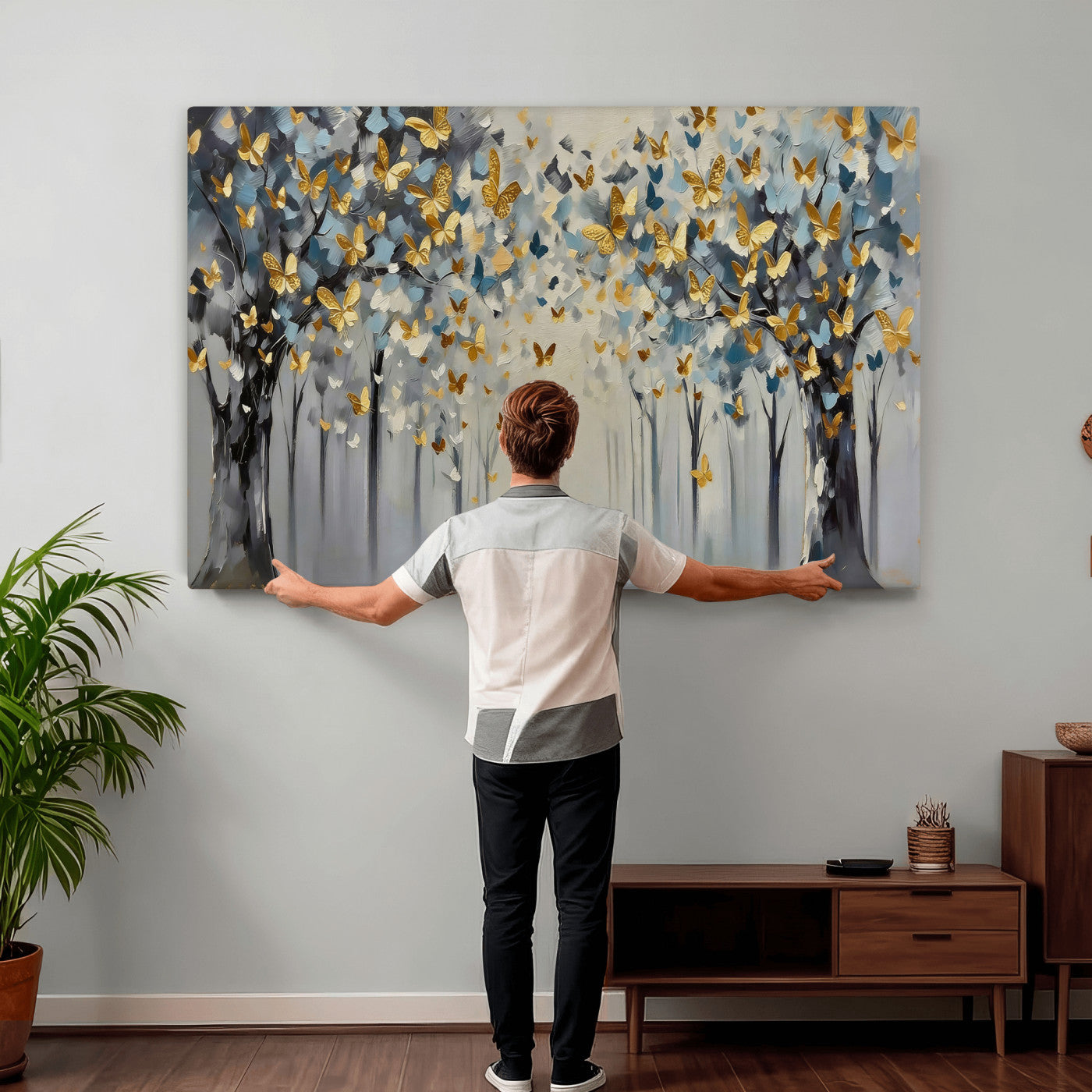 79208191-MGV-CV-36X24 - Golden Butterfly Tree Abstract Wall Art Canvas Print, Modern Elegant Nature Painting Canvas Print, Blue Gold Contemporary Floral Art Printing
