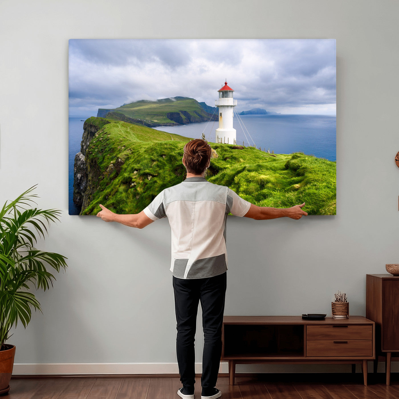 10680390-MGV-CV-36X24 - Coastal Lighthouse Wall Art Canvas Print, Cliffside Ocean Landscape Canvas Print, Scandinavian Coastal Decor for Living Room