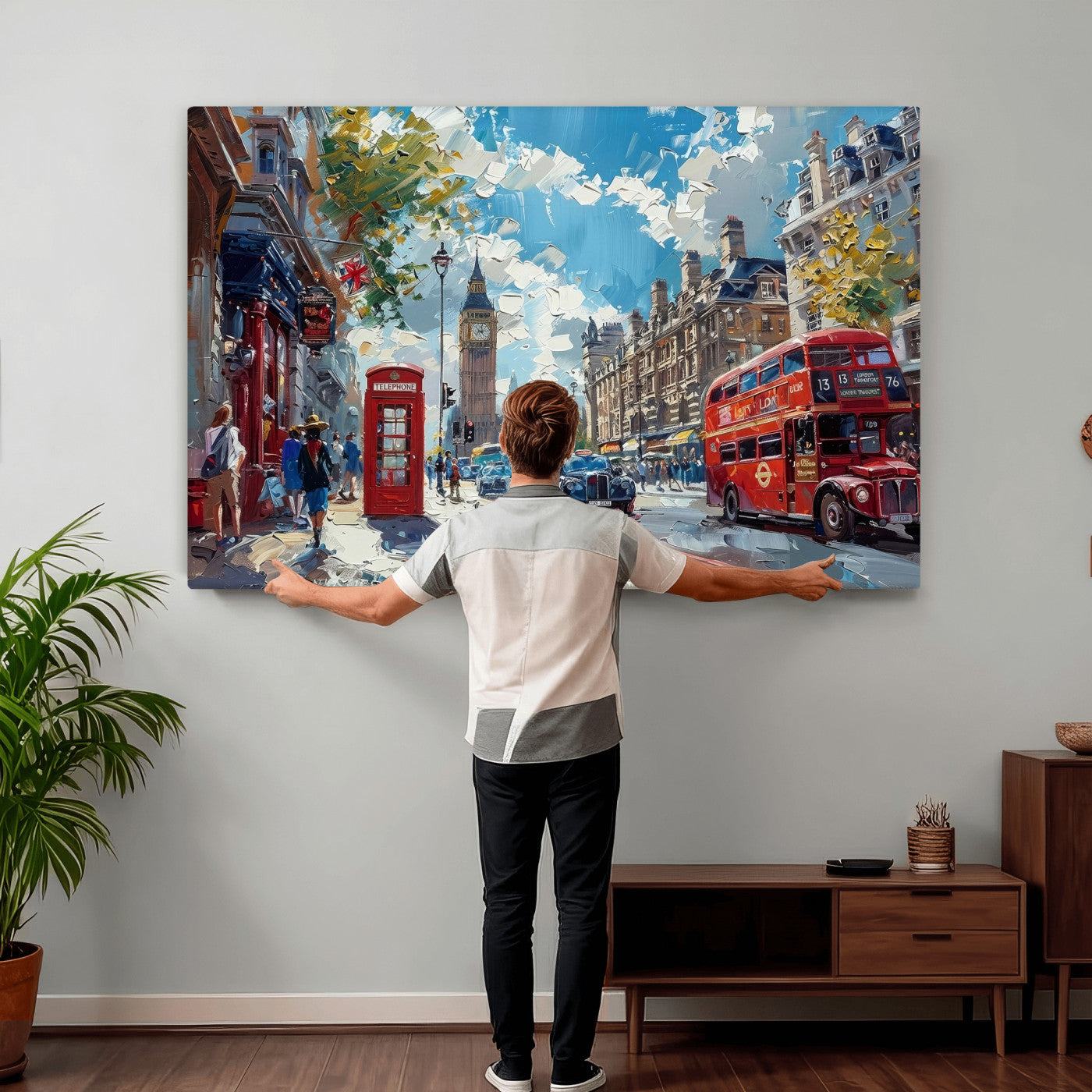 17630888-MGV-CV-36X24 - Modern London City Street Wall Art Canvas Print, Big Ben & Red Bus Artwork Canvas Print