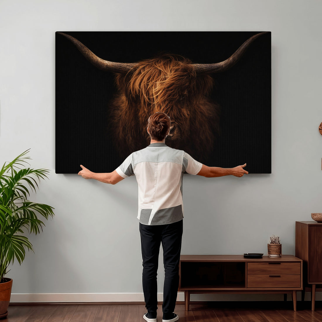 Highland Cow Wall Art Canvas Print | Moody Dark Rustic Farmhouse Portrait