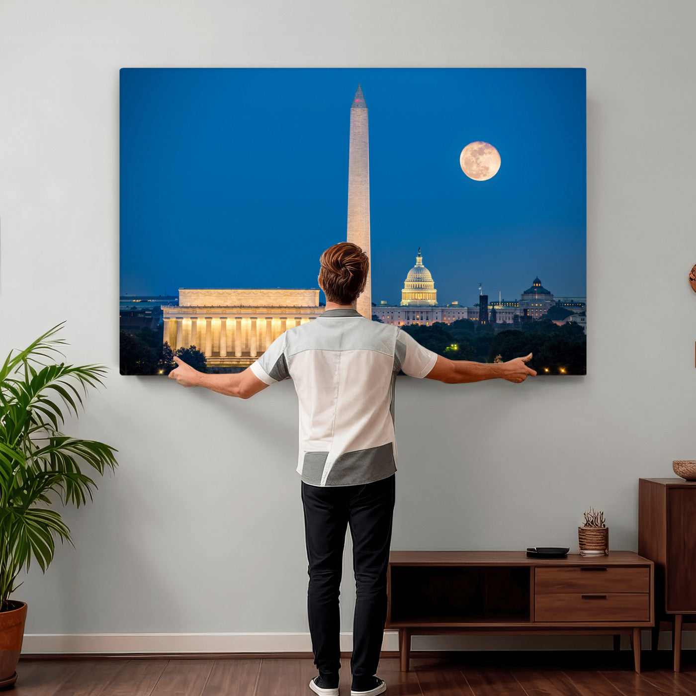 96712946-MGV-CV-36X24 - Washington DC Skyline Wall Art Canvas Print – Lincoln Memorial, Washington Monument and US Capitol Night Cityscape Artwork