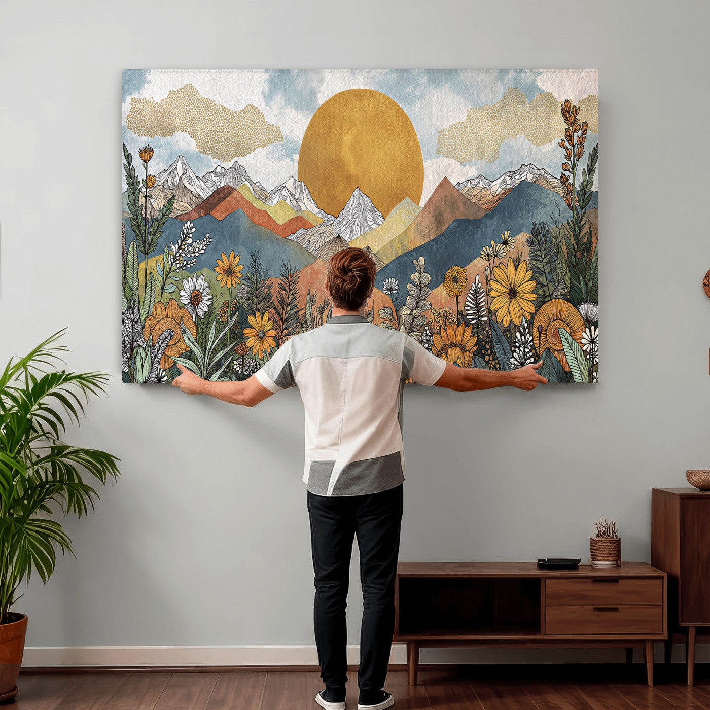 17540863-MGV-CV-36X24 - Boho Mountain Landscape Large Wall Art, Horizontal Gold Framed Canvas Print with Sun and Flowers