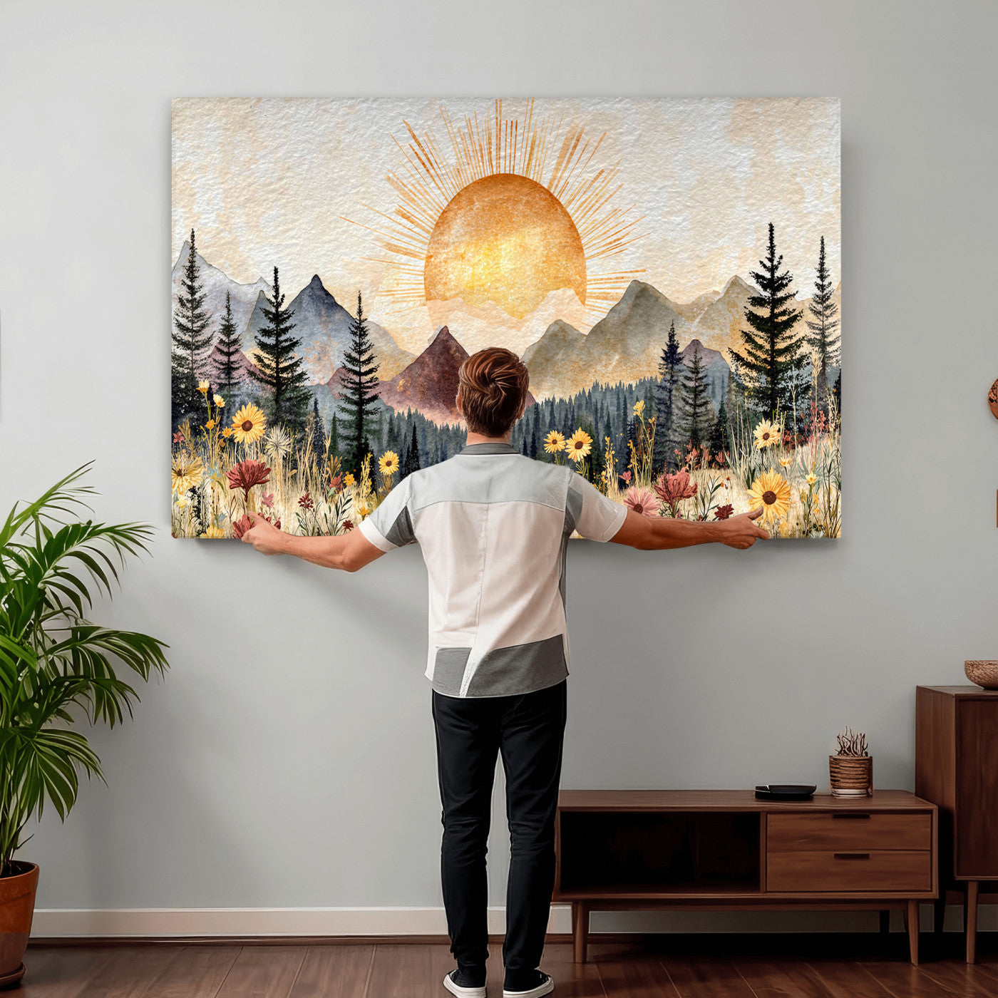69025244-MGV-CV-36X24 - Boho Mountain Landscape Large Wall Art, Horizontal Gold Framed Canvas Print with Sun and Flowers